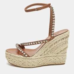Christian Louboutin Brown Leather Mafaldina Espadrille Wedge Sandals Size 38