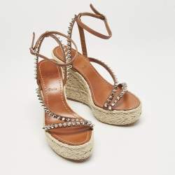 Christian Louboutin Brown Leather Mafaldina Espadrille Wedge Sandals Size 38