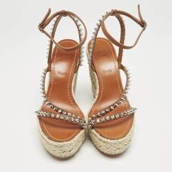 Christian Louboutin Brown Leather Mafaldina Espadrille Wedge Sandals Size 38
