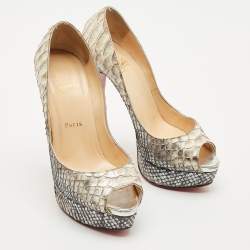 Christian Louboutin Metallic/Silver Python Leather Lady Peep Toe Platform Pumps Size 38.5