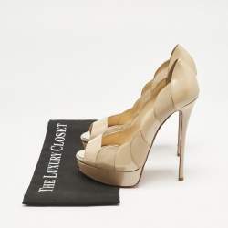 Pre Owned Christian Louboutin Beige/Gold Leather and Patent Leather Torsatoe Peep Toe Pumps Size 38