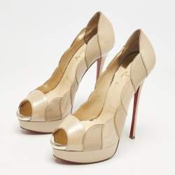Pre Owned Christian Louboutin Beige/Gold Leather and Patent Leather Torsatoe Peep Toe Pumps Size 38