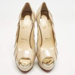 Pre Owned Christian Louboutin Beige/Gold Leather and Patent Leather Torsatoe Peep Toe Pumps Size 38