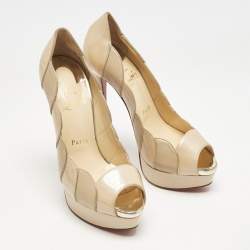 Pre Owned Christian Louboutin Beige/Gold Leather and Patent Leather Torsatoe Peep Toe Pumps Size 38