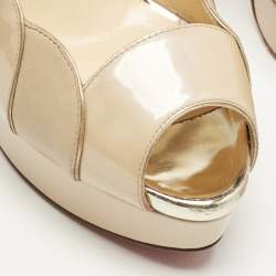 Pre Owned Christian Louboutin Beige/Gold Leather and Patent Leather Torsatoe Peep Toe Pumps Size 38
