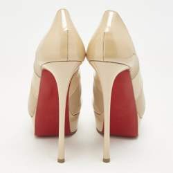 Pre Owned Christian Louboutin Beige/Gold Leather and Patent Leather Torsatoe Peep Toe Pumps Size 38