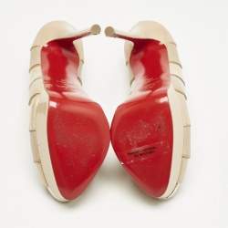 Pre Owned Christian Louboutin Beige/Gold Leather and Patent Leather Torsatoe Peep Toe Pumps Size 38