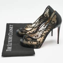 Christian Louboutin Black Lace and Leather Very Lace Peep Toe Pumps Size 37
