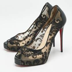 Christian Louboutin Black Lace and Leather Very Lace Peep Toe Pumps Size 37