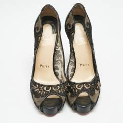 Christian Louboutin Black Lace and Leather Very Lace Peep Toe Pumps Size 37