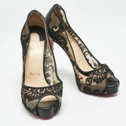 Christian Louboutin Black Lace and Leather Very Lace Peep Toe Pumps Size 37