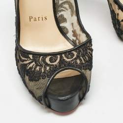 Christian Louboutin Black Lace and Leather Very Lace Peep Toe Pumps Size 37