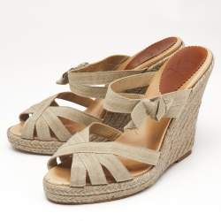 Pre Owned Christian Louboutin Beige Fabric Delfin Espadrille Wedge Sandals Size 39