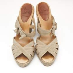 Pre Owned Christian Louboutin Beige Fabric Delfin Espadrille Wedge Sandals Size 39