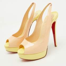 Pre Owned Christian Louboutin Beige/Yellow Patent Leather Lady Peep Toe Platform Slingback Pumps Size 37