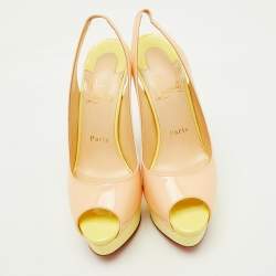 Pre Owned Christian Louboutin Beige/Yellow Patent Leather Lady Peep Toe Platform Slingback Pumps Size 37