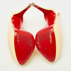 Pre Owned Christian Louboutin Beige/Yellow Patent Leather Lady Peep Toe Platform Slingback Pumps Size 37