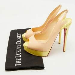 Pre Owned Christian Louboutin Beige/Yellow Patent Leather Lady Peep Toe Platform Slingback Pumps Size 37