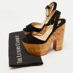 Christian Louboutin Black Suede Super Dombasle Platform Cork Wedge Ankle Strap Sandals Size 36