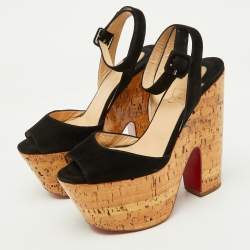 Christian Louboutin Black Suede Super Dombasle Platform Cork Wedge Ankle Strap Sandals Size 36