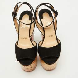 Christian Louboutin Black Suede Super Dombasle Platform Cork Wedge Ankle Strap Sandals Size 36