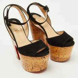 Christian Louboutin Black Suede Super Dombasle Platform Cork Wedge Ankle Strap Sandals Size 36