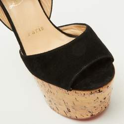 Christian Louboutin Black Suede Super Dombasle Platform Cork Wedge Ankle Strap Sandals Size 36
