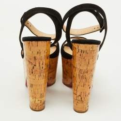 Christian Louboutin Black Suede Super Dombasle Platform Cork Wedge Ankle Strap Sandals Size 36