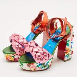 Christian Louboutin Multicolor Leather Floral Embellished Platform Ankle Strap Sandals Size 39.5