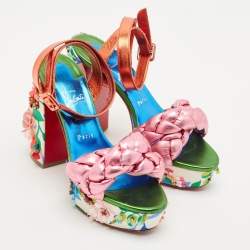 Christian Louboutin Multicolor Leather Floral Embellished Platform Ankle Strap Sandals Size 39.5