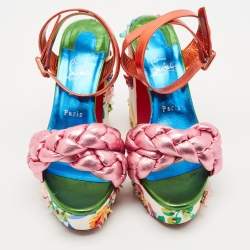 Christian Louboutin Multicolor Leather Floral Embellished Platform Ankle Strap Sandals Size 39.5