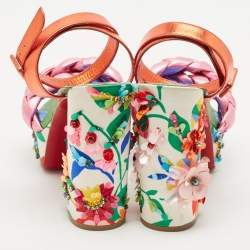 Christian Louboutin Multicolor Leather Floral Embellished Platform Ankle Strap Sandals Size 39.5
