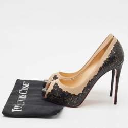 Christian Louboutin Two Tone Laser Cut Lace Patent And Leather Veramucha Peep Toe Pumps Size 37.5