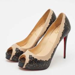 Christian Louboutin Two Tone Laser Cut Lace Patent And Leather Veramucha Peep Toe Pumps Size 37.5