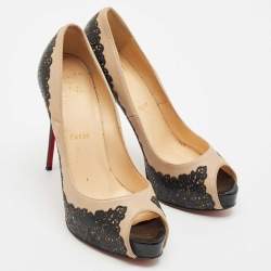 Christian Louboutin Two Tone Laser Cut Lace Patent And Leather Veramucha Peep Toe Pumps Size 37.5