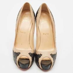 Christian Louboutin Two Tone Laser Cut Lace Patent And Leather Veramucha Peep Toe Pumps Size 37.5