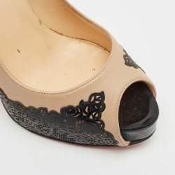 Christian Louboutin Two Tone Laser Cut Lace Patent And Leather Veramucha Peep Toe Pumps Size 37.5