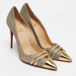 Christian Louboutin Metallic Gold Glitter and Leather Front Double Pumps Size 37