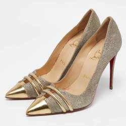 Christian Louboutin Metallic Gold Glitter and Leather Front Double Pumps Size 37