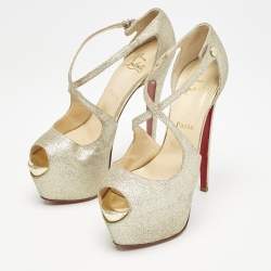Christian Louboutin Gold Glitter Exagona Platform Sandals Size 38.5