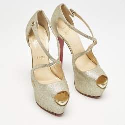 Christian Louboutin Gold Glitter Exagona Platform Sandals Size 38.5