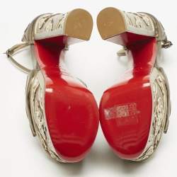 Pre Owned Christian Louboutin Metallic Leather Laser Cut Floral Overlay Houghton Platform Ankle Strap Sandals Size 37.5