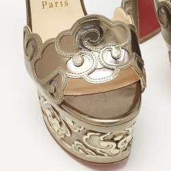 Pre Owned Christian Louboutin Metallic Leather Laser Cut Floral Overlay Houghton Platform Ankle Strap Sandals Size 37.5