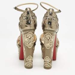 Pre Owned Christian Louboutin Metallic Leather Laser Cut Floral Overlay Houghton Platform Ankle Strap Sandals Size 37.5