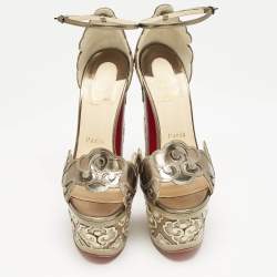 Pre Owned Christian Louboutin Metallic Leather Laser Cut Floral Overlay Houghton Platform Ankle Strap Sandals Size 37.5