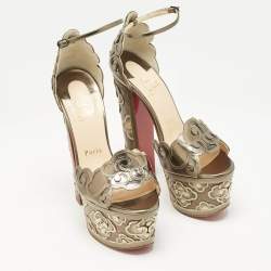 Pre Owned Christian Louboutin Metallic Leather Laser Cut Floral Overlay Houghton Platform Ankle Strap Sandals Size 37.5
