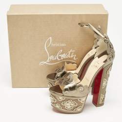 Pre Owned Christian Louboutin Metallic Leather Laser Cut Floral Overlay Houghton Platform Ankle Strap Sandals Size 37.5