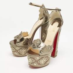 Pre Owned Christian Louboutin Metallic Leather Laser Cut Floral Overlay Houghton Platform Ankle Strap Sandals Size 37.5