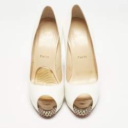مملوكة مسبقًا Christian Louboutin White Leather New Very Privé Peep Toe Platform Pumps Size 38.5