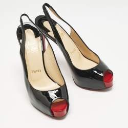 Pre Owned Christian Louboutin Black Patent Leather Private Number Peep Toe Pumps Size 36.5
